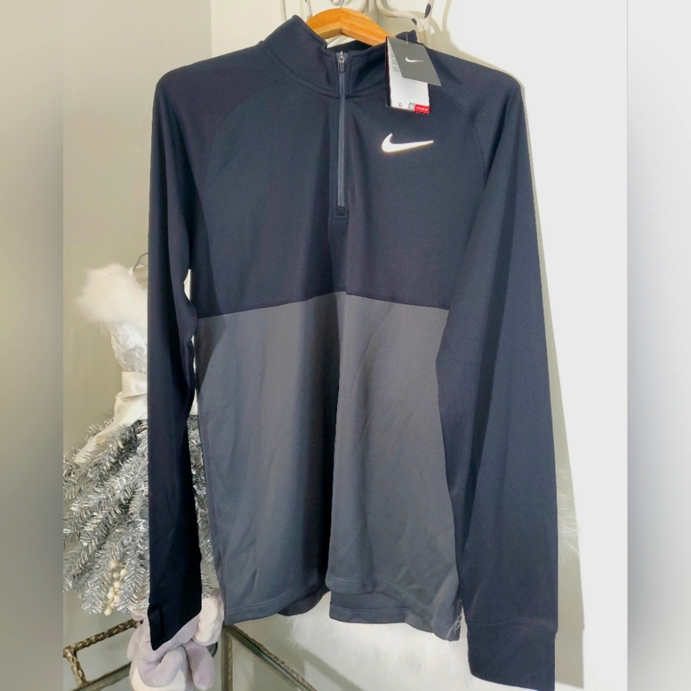 New NIKE men's black & charcoal gray 1/4 zip DRI-FIT long sleeve shirt Size L